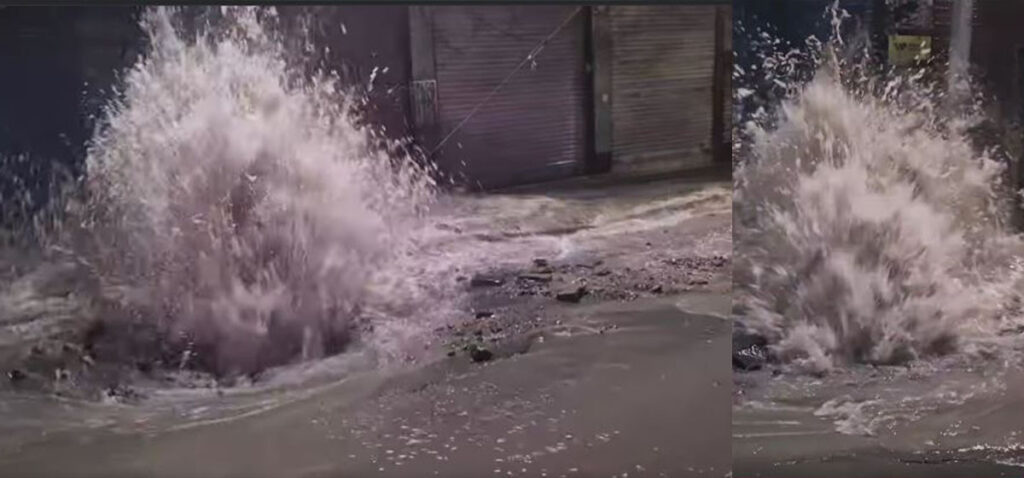 थापाथलीमा मेलम्चीको पाइप फुट्दा बाढी, सडक भासियो