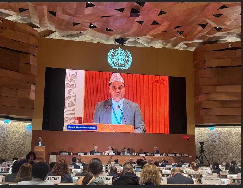 विश्व स्वास्थ्य सम्मेलनमा स्वास्थ्य मन्त्री पौडेलको सम्बोधन,स्वास्थ्यमा पहुँच बढाउन विश्वव्यापी सहकार्य आवश्यक