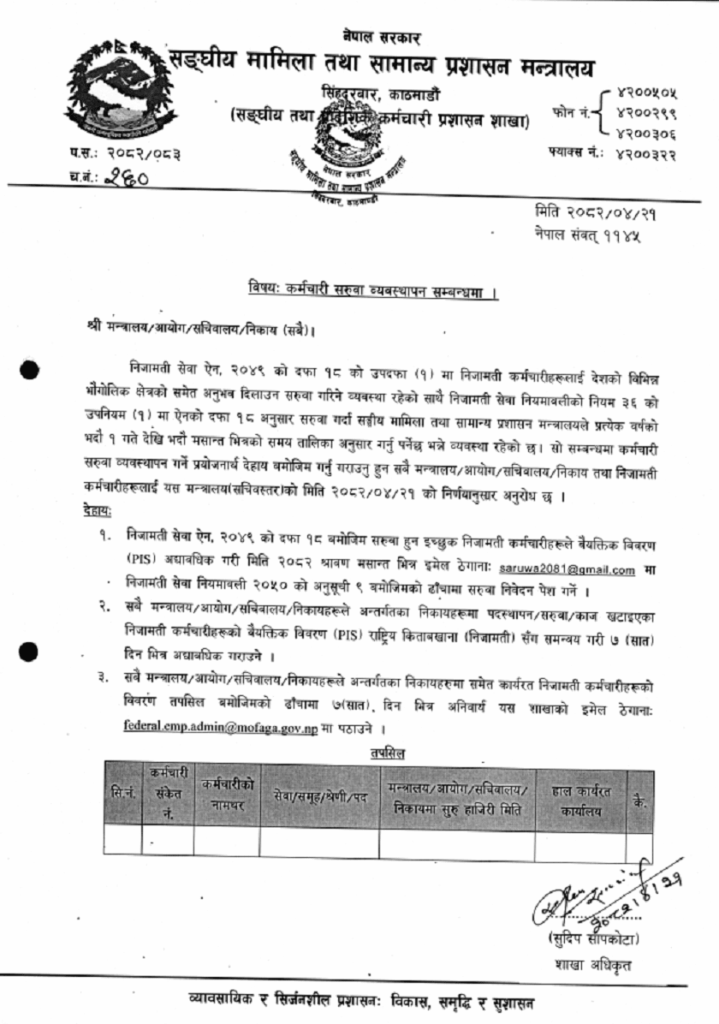 सरुवा हुन चाहने निजामती कर्मचारीले साउन मसान्तभित्र निवेदन दिनुपर्ने