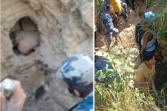 दुम्सी मार्ने क्रममा प्वालमा अड्किएका पुरुषको सकुशल उद्धार